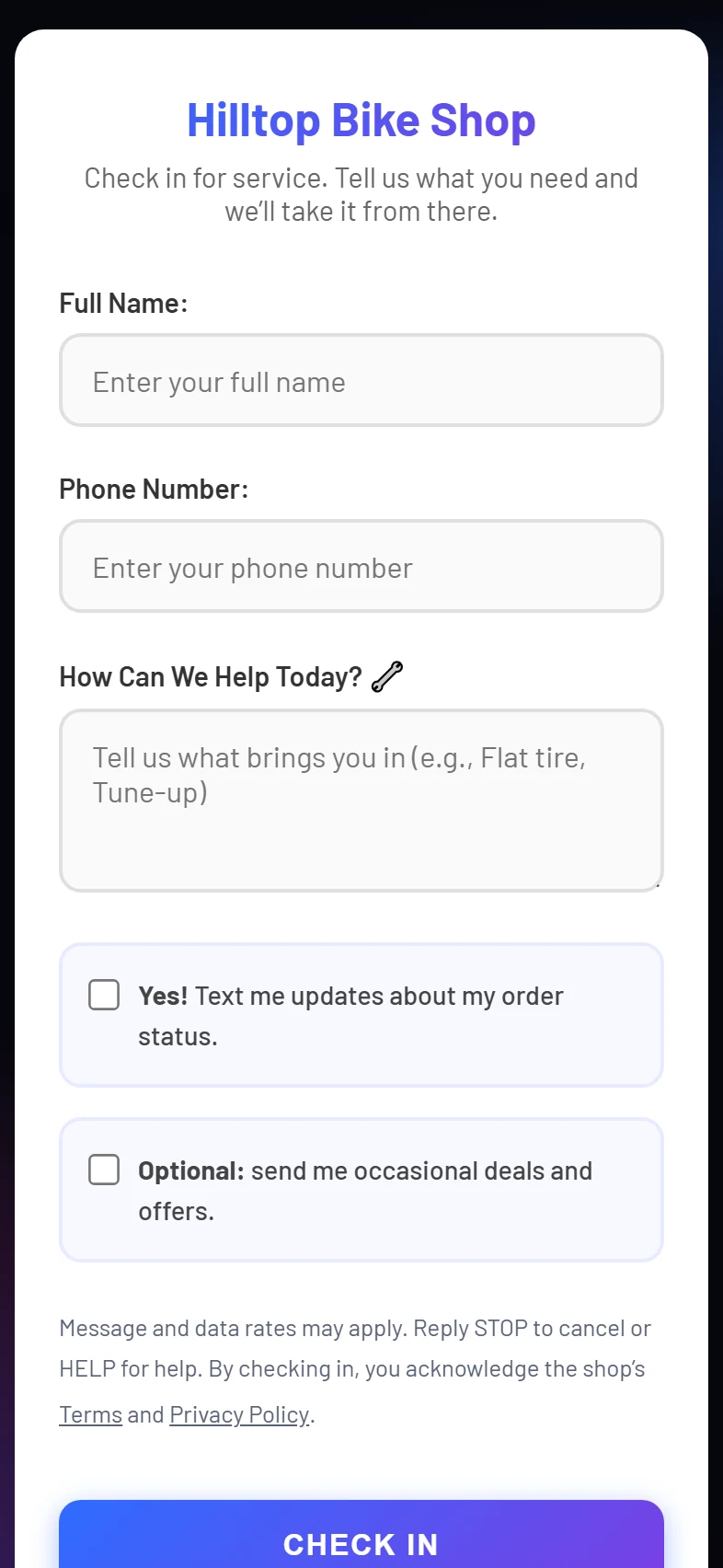 The customer check-in page