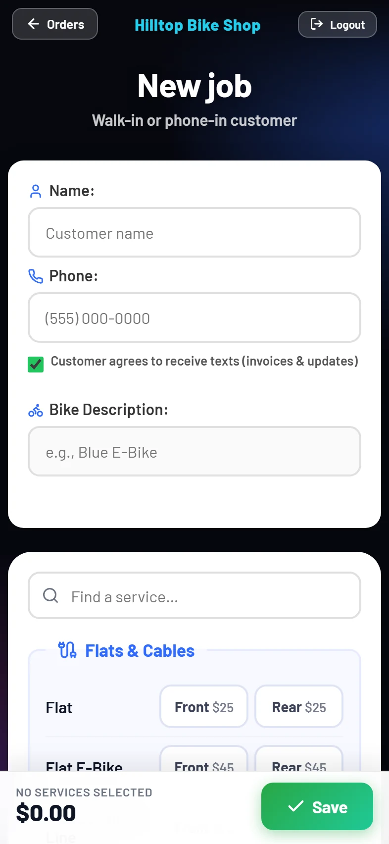 The New job screen with services and a running total
