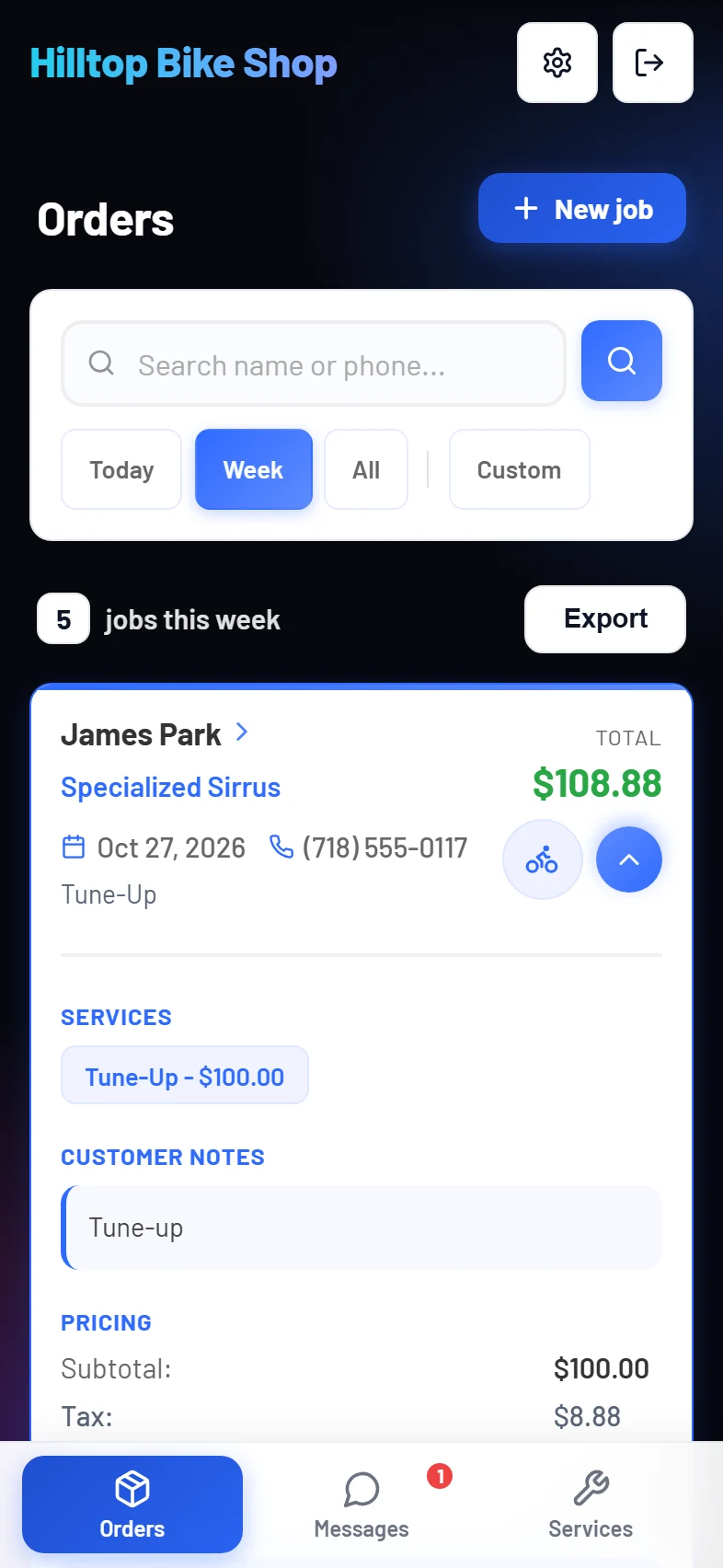 An open job card with line items and totals