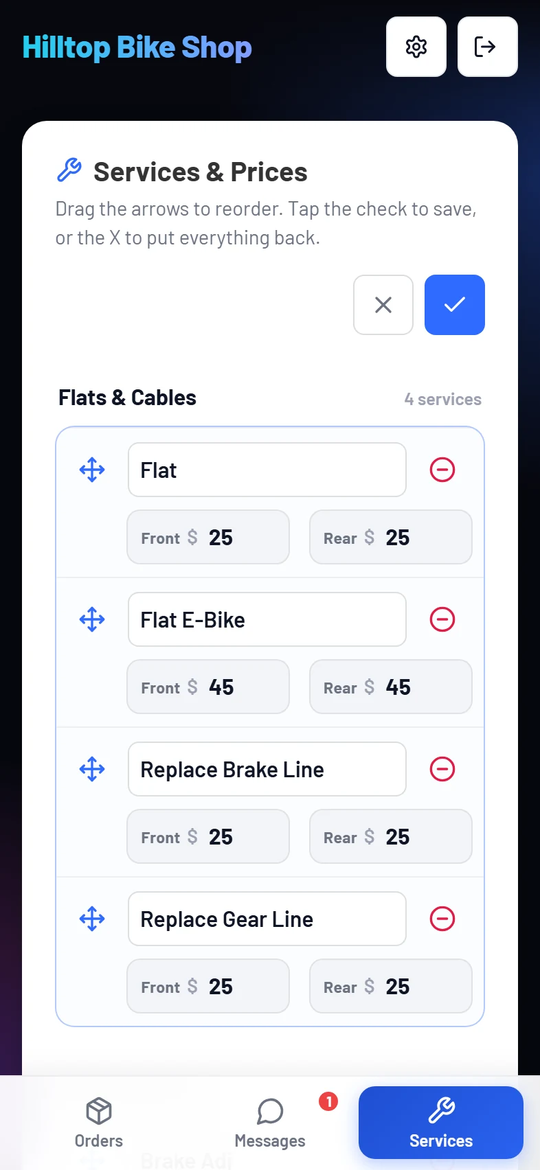 The price list in edit mode with drag handles
