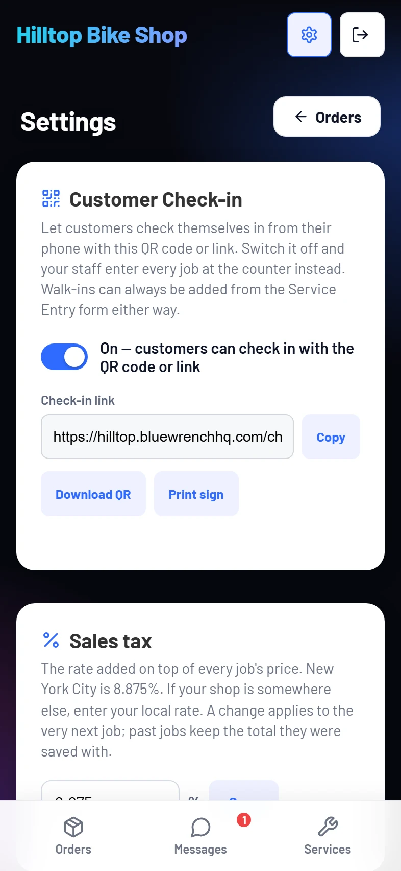 The Settings screen with the check-in switch and QR code