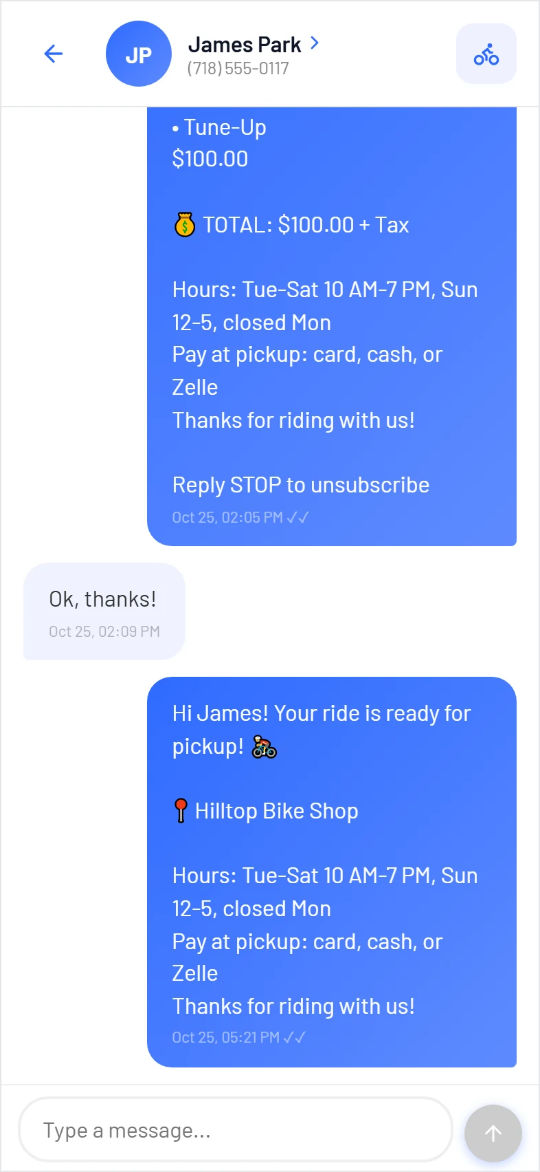 A text thread with the shop's invoice and the customer's reply
